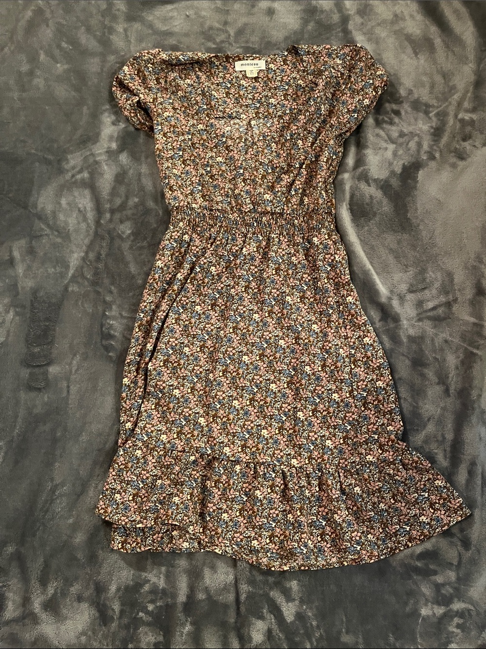 Monteau Brown Floral Smocked Midi Dress with Blue & Pink Accents